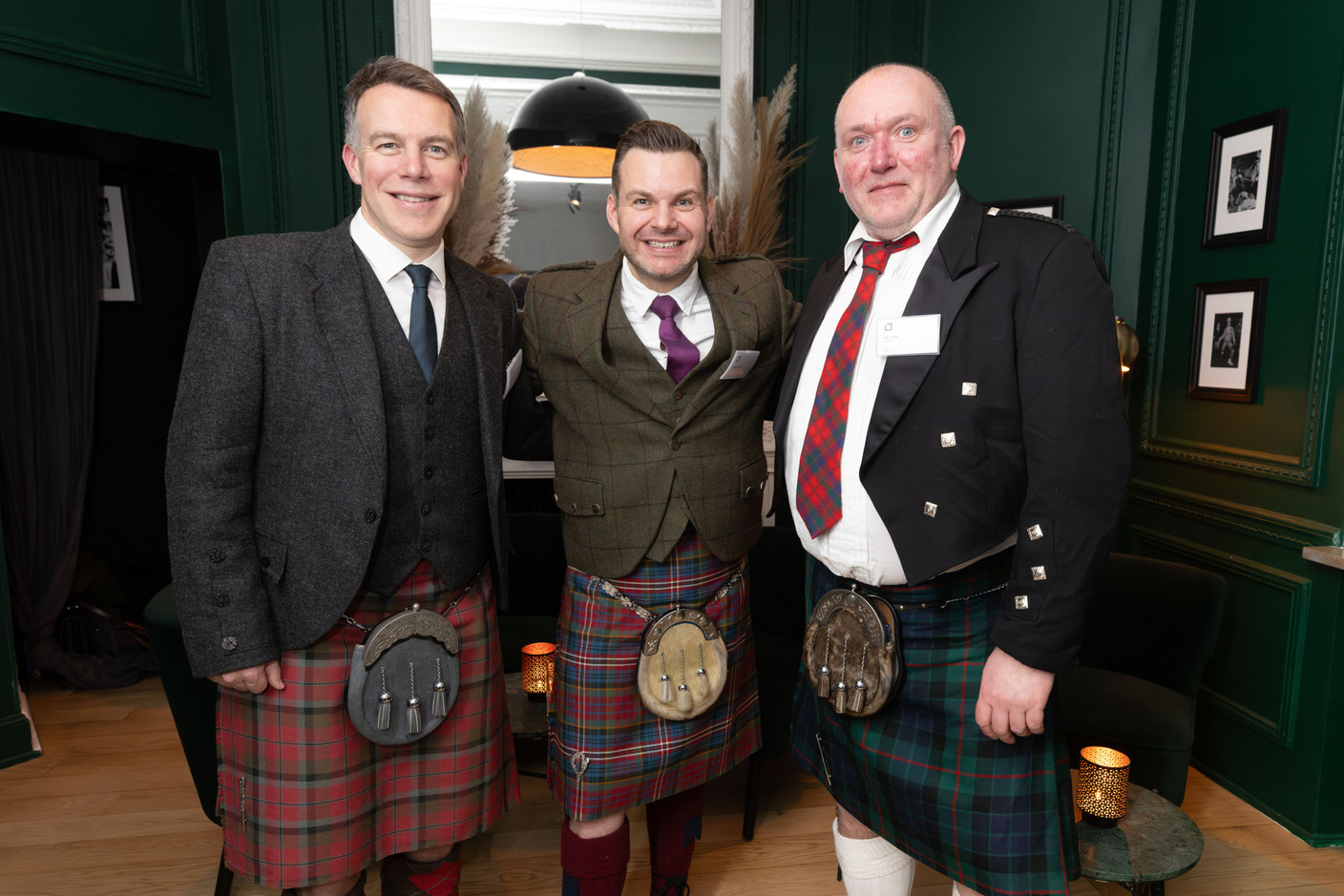 Bagpiper Blair Porter, Scottish whisky expert Stuart Cassells and Abrdn’s Ian Little seen during Abrdn’s “Outlook 2024 and Scottish Heritage Night” in Luxembourg City, 22 February 2024. Photo: Guy Wolff/Maison Moderne