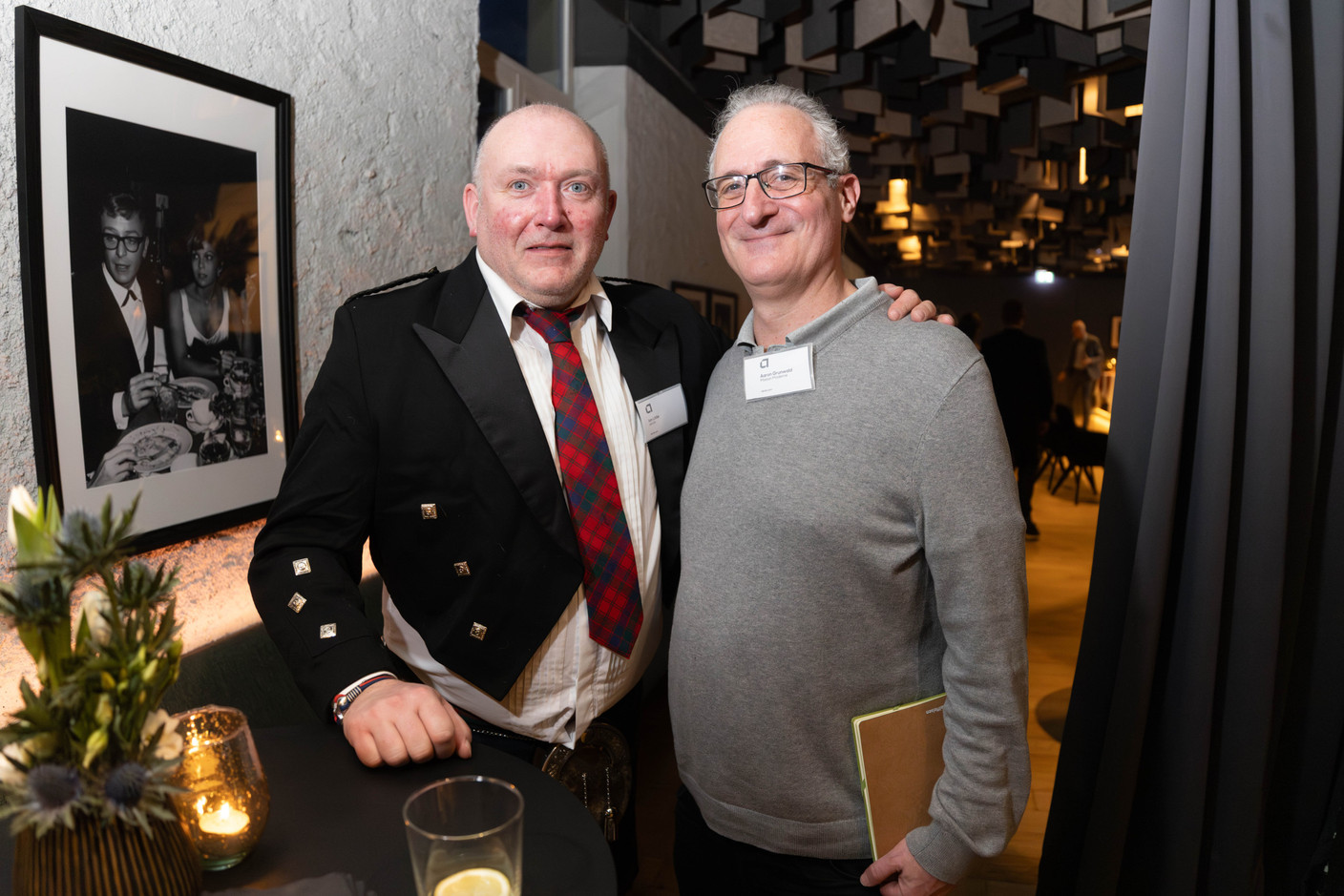 Ian Little (Abrdn) and Aaron Grunwald (Delano) seen during Abrdn’s “Outlook 2024 and Scottish Heritage Night,” 22 February 2024. Photo: Guy Wolff/Maison Moderne