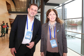 Spasoje Ostojić, with Montenegro’s Ministry of Education, Science and Innovation; Michela Telatin, with UNOPS, seen during the EIB Group Forum, 8 February 2024. Photo: Marie Russillo/Maison Moderne