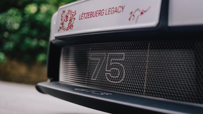 Other specific exterior features include custom matte black plaques on the two centre pillars, bearing the project name and logo, and the anniversary number “75” on the front bumper grille. Photo: Porsche
