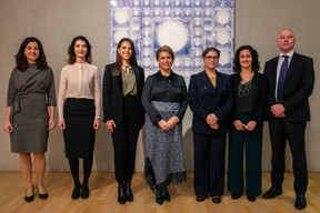 The grand duchess (centre) with the members of the jury, from left to right: Denitsa Berkhoff, head of microfinance unit at the EIB; Lucia Spaggiari, chairperson of European microfinance platform; Mariela Soliz, board member of Banco FIE (winner of the year 2022); Genevieve Hengen, director of development cooperation and humanitarian action; Laura Foschi, executive director of Ada; and Jean Marc Debricon, CEO of Alterfin, at the European Microfinance Award ceremony, 16 November 2023. Photo: Infine
