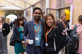 Anshul Jindal (Lendahand, Netherlands) and Vivien Patt (ADA - Appui au développement autonome, Luxembourg) during European Microfinance Week at Neumünster Abbey, 15 November 2023. Photo: Romain Gamba / Maison Moderne