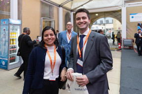 Cristina Ruesta Chunga (IDH Investment Management, Netherlands) and Aghakarim Orujov (Triodos Investment Management, Netherlands) during European Microfinance Week at Neumünster Abbey, 15 November 2023. Photo: Romain Gamba / Maison Moderne