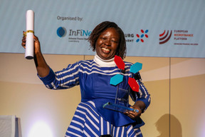 The European Microfinance Award ceremony was hosted at the European Investment Bank on 16 November 2023. The annual award, which comes with €100,000, was presented in front of around 350 participants. Pictured: the winner, Claire Lossiane, director of Yikri. Photo: Infine