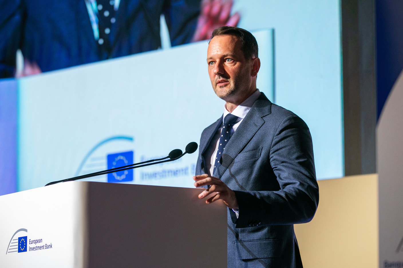 Christophe Schiltz, director for development cooperation and humanitarian affairs at the ministry of foreign and European affairs, addressing the audience at the 2023 European Microfinance Award ceremony, 16 November 2023 Photo: Infine