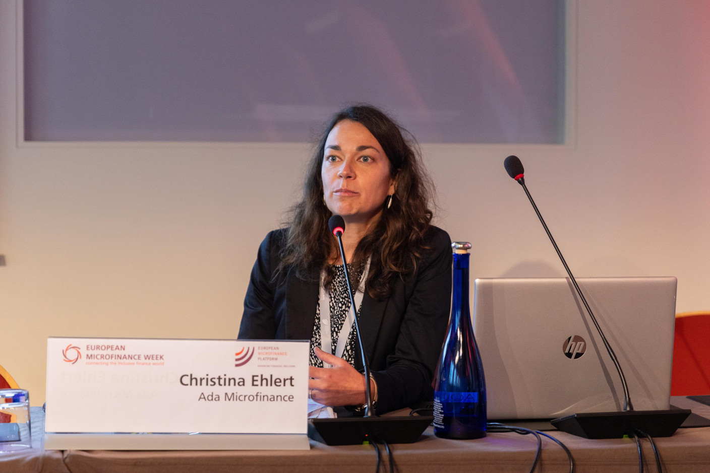 Christina Ehlert (Ada microfinance) during a panel discussion at European Microfinance Week at Neumünster Abbey, 15 November 2023. Photo: Romain Gamba / Maison Moderne