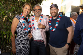 Christine Theodorovics (Baloise), Mike Koedinger (Maison Moderne) and Philip Grother (Stepping-Stone) seen during the Delano summer party, 13 July 2023. Photo: Guy Wolff/Maison Moderne