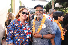 Natalie Gerhardstein (Arendt & Medernach) and Selvaraj Alagumalai (Indian Association Luxembourg) seen during the Delano summer party, 13 July 2023. Photo: Marie Russillo / Maison Moderne