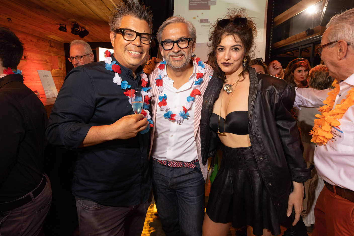 Christian Pearson (better known as the artist Sumo), Mike Koedinger (Maison Moderne) and Sheyda Vatankhah (PlanetPlus) seen during the Delano summer party, 13 July 2023. Photo: Guy Wolff/Maison Moderne
