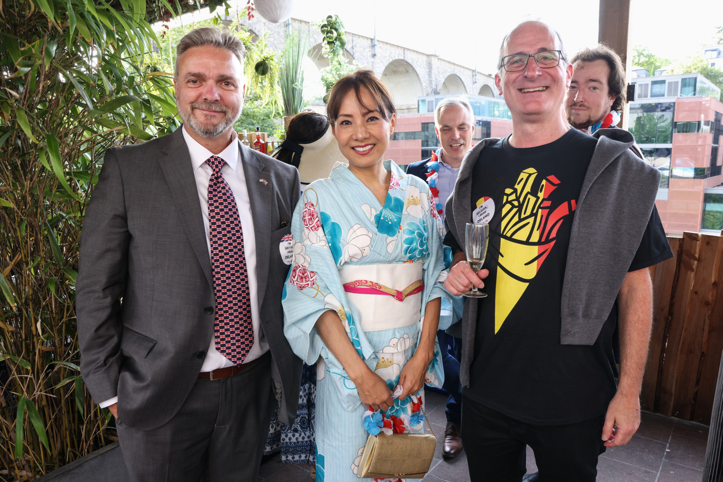 Darren Robinson (British Luxembourg Society), Makiko Gräfin von Oberndorff (Japan Luxembourg Association) and Belgian-for-a-day Aaron Grunwald (Delano) seen during the Delano summer party, 13 July 2023. Photo: Marie Russillo / Maison Moderne