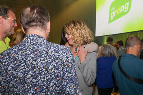Joëlle Welfring, re-elected as a Green party MP, is congratulated by a supporter at the party’s election night HQ, 8 October 2023. Photo: Luc Deflorenne