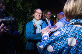 DP finance minister and freshly elected MP Yuriko Backes is congratulated by a supporter at the party’s election night HQ, 8 October 2023. Photo: Nader Ghavami