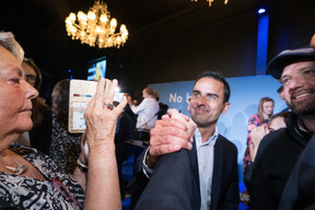 DP MP Max Hahn is congratulated by a supporter at the party’s election night HQ, 8 October 2023. Photo: Nader Ghavami