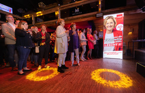 LSAP supporters are seen at the party’s election night headquarters, at Melusina, 8 October 2023. Photo: Guy Wolff/Maison Moderne