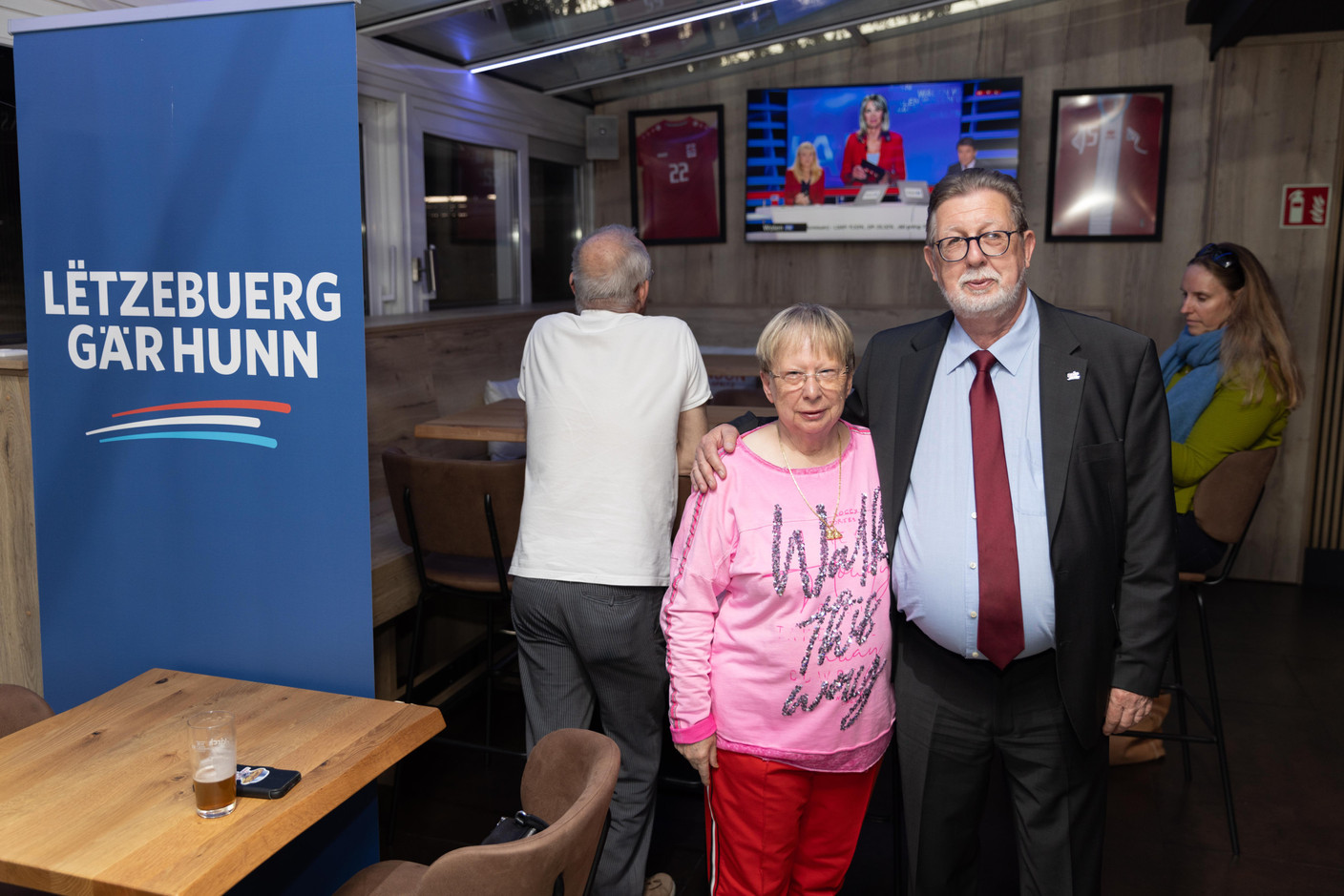 Marc Adamy, ADR national committee member, on right, seen at the party’s election night HQ, held at The Spot in Luxembourg City-Centre, 8 October 2023. Photo: Romain Gamba/Maison Moderne