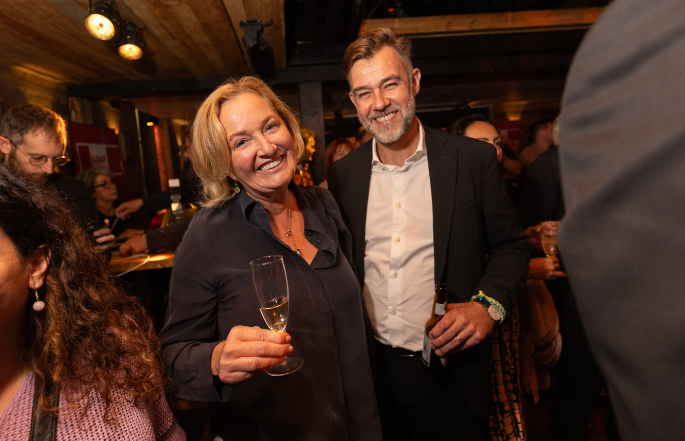Paulette Lenert, the outgoing LSAP deputy PM and lead candidate, and Franz Fayot, the economy minister, seen at the party’s election night headquarters, at Melusina, 8 October 2023. Photo: Guy Wolff/Maison Moderne