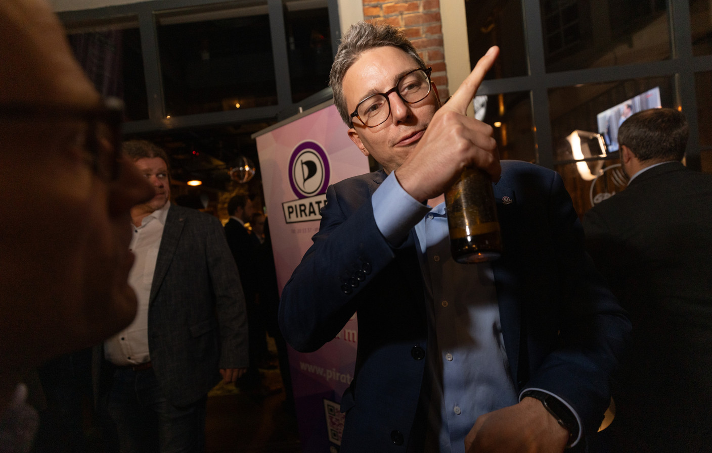 Pirate party lead candidate and re-elected MP Sven Clement seen at the party’s election night HQ, 8 October 2023. Photo: Guy Wolff/Maison Moderne