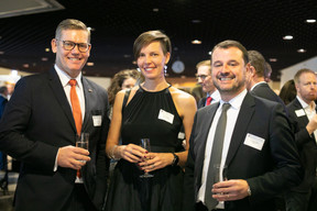 Andrew Notter, British Chamber of Commerce for Luxembourg, Giulia Iannucci, Know Thy Brand, and Emanuele Vignoli, HSBC, seen during the BCC’s annual Christmas luncheon, 8 December 2023. Photo: Matic Zorman / Maison Moderne