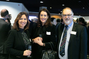 Nathalie Delebois and Sinéad O’Donnell, both with DO Recruitment Advisors, and Geoff Thompson, Chroncile.lu, seen during the BCC’s annual Christmas luncheon, 8 December 2023. Photo: Matic Zorman / Maison Moderne
