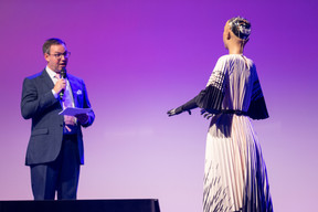 Crown Prince Guillaume and Sophia, the humanoid robot from Hanson Robotics, on stage at the Nexus2050 technology conference, 26 June 2024. Photos: Eva Krins, Marie Russillo and Romain Gamba