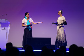 Avanti Sharma (Workshop4Me) and Sophia from Hanson Robotics, the humanoid robot. Photos: Eva Krins, Marie Russillo and Romain Gamba
