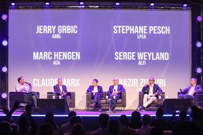 Nasir Zubairi (Lhoft), Claude Marx (CSSF), Jerry Grbic (ABBL), Marc Hengen (Aca), Serge Weyland (Alfi) and Stéphane Pesch (LPEA) speak at Nexus2050, 26 June 2024. Photos: Eva Krins, Marie Russillo and Romain Gamba