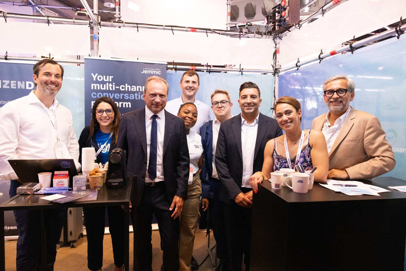 Finance minister Gilles Roth (CSV) at the Jemmic stand with Jean-Pierre Schmit (Jemmic), Kamel Amroune (The Dots) and Mike Koedinger (Maison Moderne), 26 June 2024. Photos: Eva Krins, Marie Russillo and Romain Gamba