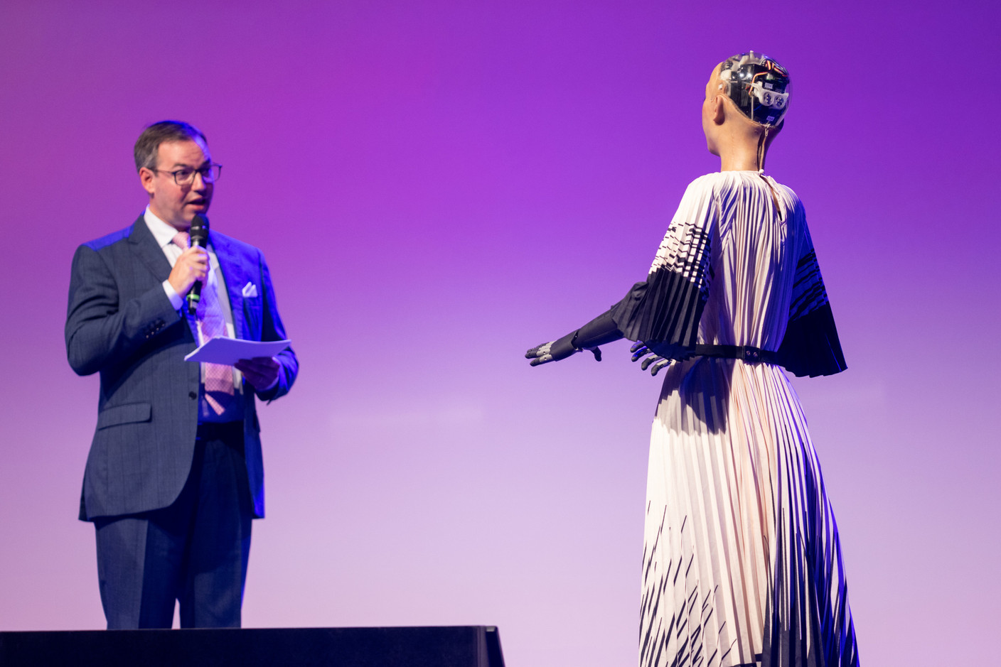 Crown Prince Guillaume and Sophia, the humanoid robot from Hanson Robotics, on stage at the Nexus2050 technology conference, 26 June 2024. Photos: Eva Krins, Marie Russillo and Romain Gamba