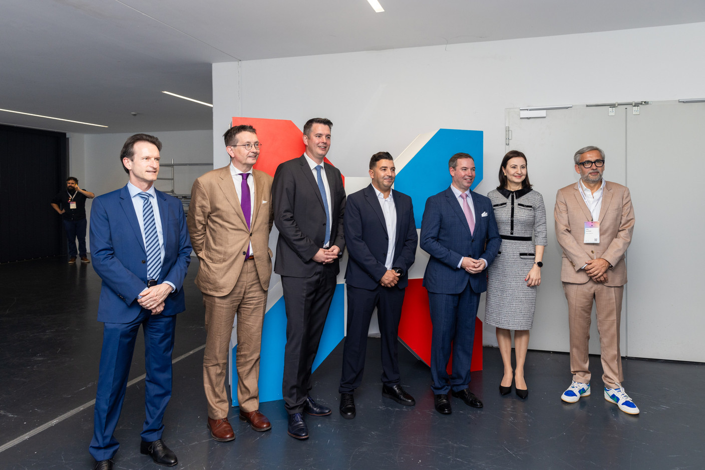 Carlo Thelen (Chamber of Commerce), Maurice Bauer (City of Luxembourg), Lex Delles (minister for the economy), Kamel Amroune (The Dots), Crown Prince Guillaume, Iliana Ivanova (European Commission) and Mike Koedinger (Maison Moderne) seen at day one of the Nexus2050 technology conference, 26 June 2024. Photos: Eva Krins, Marie Russillo and Romain Gamba