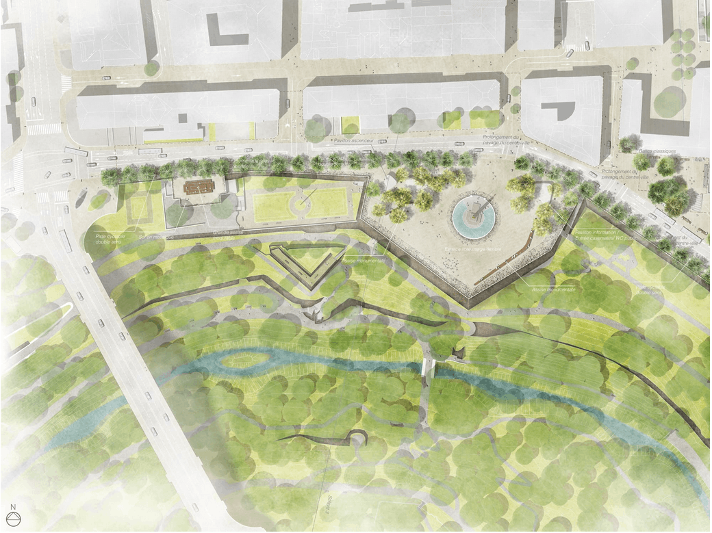 Vue aérienne du nouvel aménagement de la place et du boulevard Roosevelt. (Illustration: Latz + Partner Architectes-Paysagistes-CBA Architectes)  