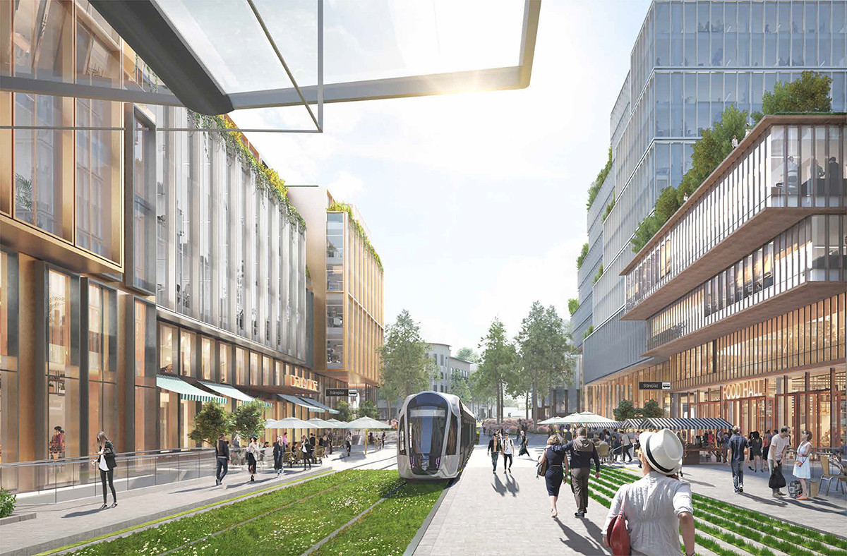 Le tramway entouré par de nouveaux bâtiments, proposant commerces, logements et bureaux. (Photo: DR)