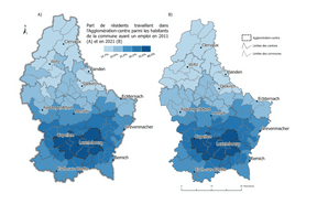 Parts des résidents travaillant au sein de l’Agglomération-centre par commune en 2011 (A) et en 2021 (B). (Source: Statec RP 2011 RP2021, Université du Luxembourg)