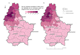 Parts de résidents travaillant à Wiltz par commune en 2011 (A) et en 2021 (B). (Source: Statec RP 2011 RP2021, Université du Luxembourg)