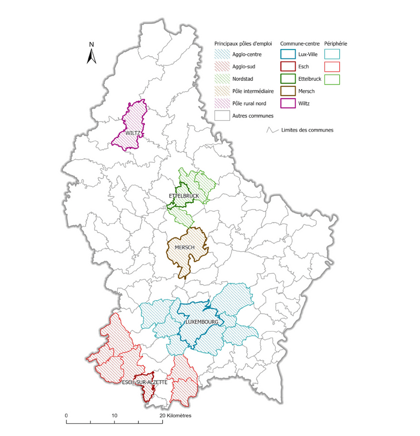 Les principaux pôles d’emploi du Luxembourg avec leur commune-centre et leur périphérie. (Source: Statec RP2021, Université du Luxembourg)