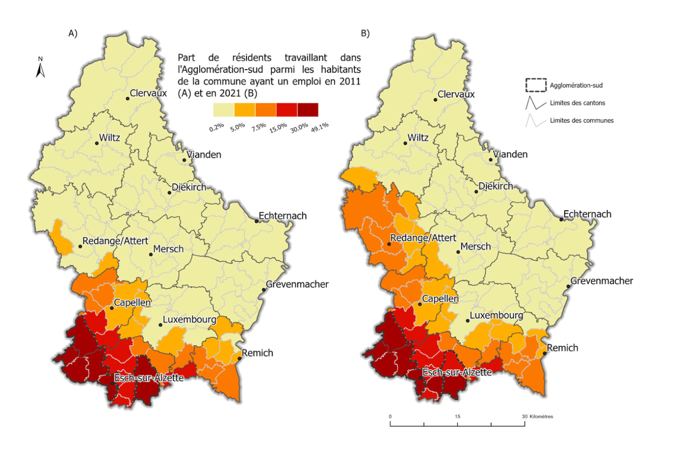 Parts des résidents travaillant au sein de l’Agglomération-sud par commune en 2011 (A) et en 2021 (B). (Source: Statec RP 2011 RP2021, Université du Luxembourg)
