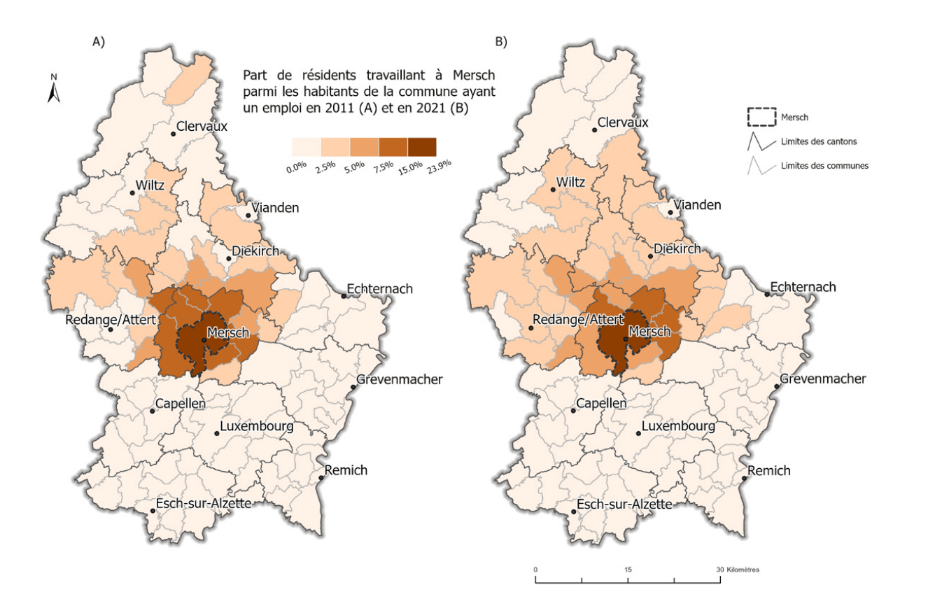 Parts de résidents travaillant à Mersch par commune en 2011 (A) et en 2021 (B). (Source : Statec RP 2011 RP2021, Université du Luxembourg)