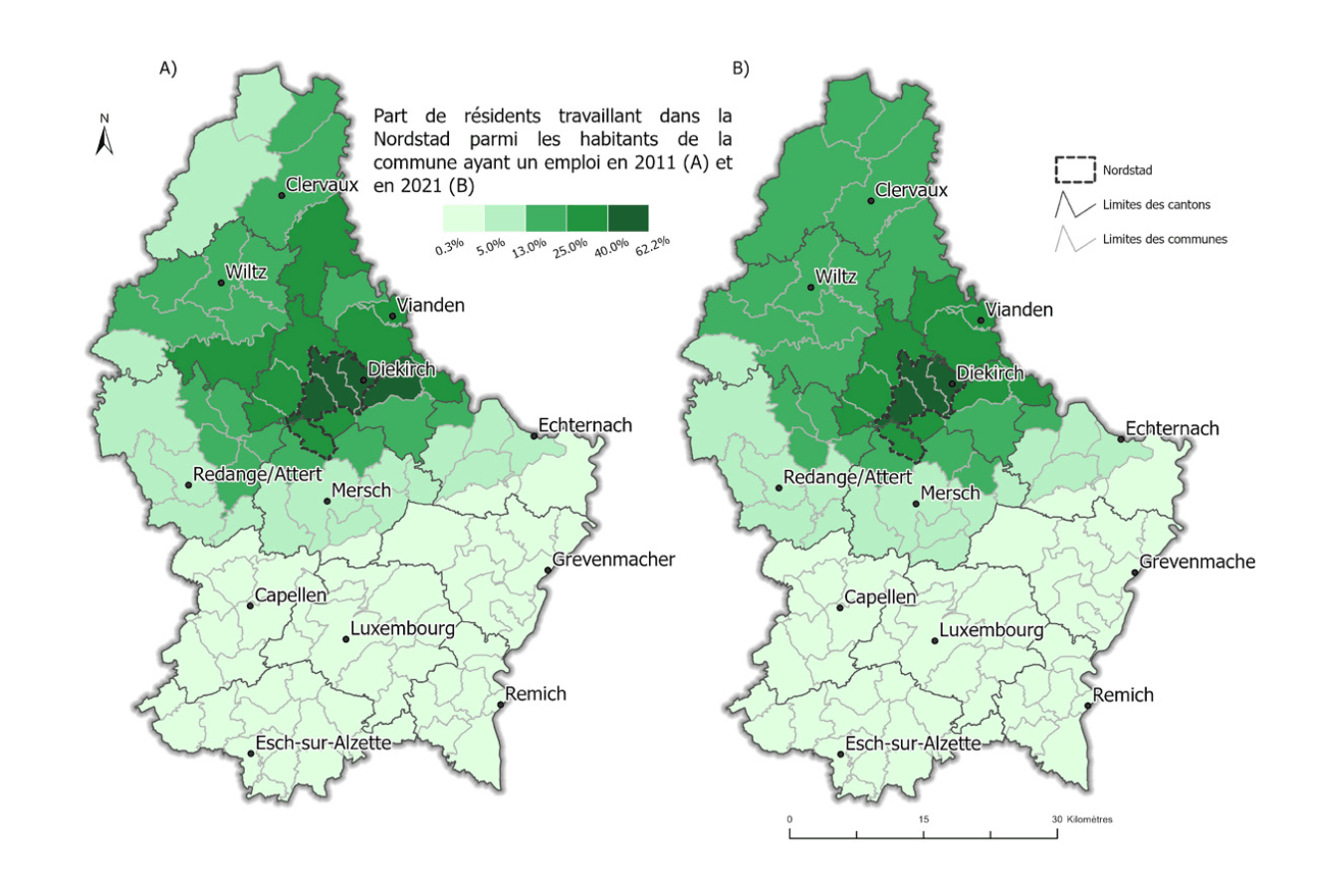 Parts de résidents travaillant au sein de la Nordstad par commune en 2011 (A) et en 2021 (B). (Source : Statec RP 2011 RP2021, Université du Luxembourg)