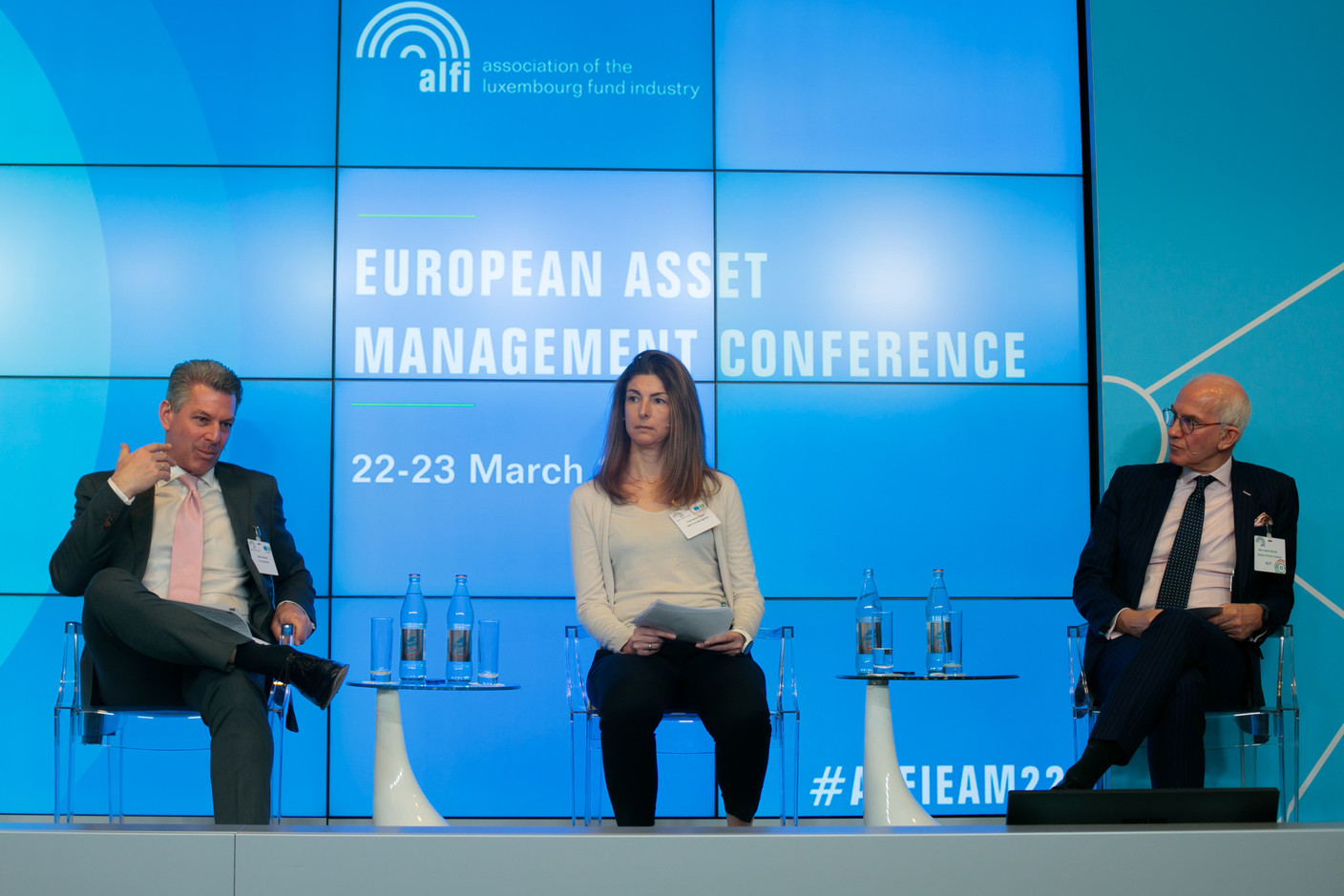 Marcel Renné of Feri, Francesca Prym of UBS Fund Management and Marc-André Bechet of Alfi are seen on the “CEO panel” during Alfi’s European Asset Management Conference, 22 March 2022. Photo: Matic Zorman
