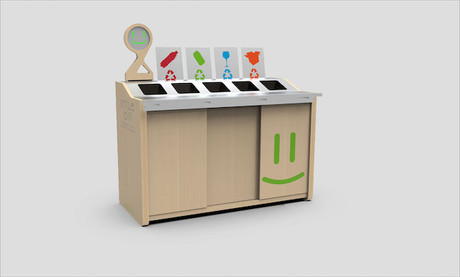 Quand la quantité de déchets est normale, la poubelle sourit. Elle se fâche si le poids du contenu de l’assiette versé à l’intérieur est trop élevé. (Photo: Smilebin)