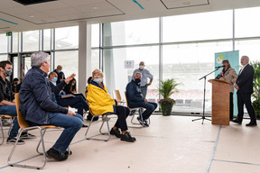 Le ministre des Sports, Dan Kersch (LSAP), et la bourgmestre de la capitale, Lydie Polfer (DP), lors de la conférence de presse sur l’avancement des travaux du nouveau stade national de football et de rugby. (Photo: Caroline Martin)