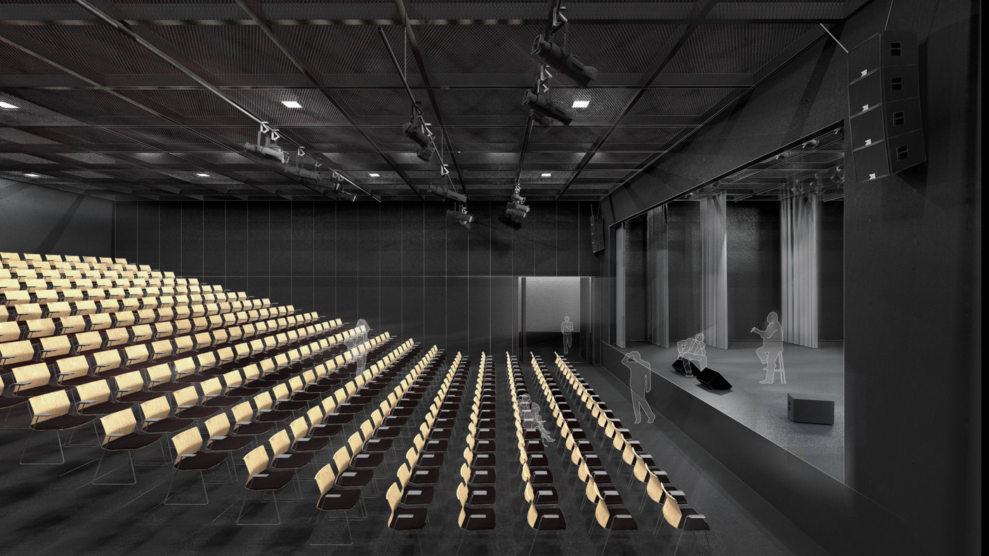 La nouvelle salle de spectacle a un équipement modulable qui permet de la transformer en salle multifonctionnelle. (Illustration: Paul Bretz Architectes)