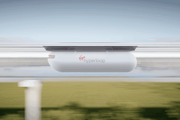 Dans la nouvelle vidéo de l’Hyperloop, la capsule n’est pas sur le rail, mais suspendu au rail. (Photo: Virgin Hyperloop)