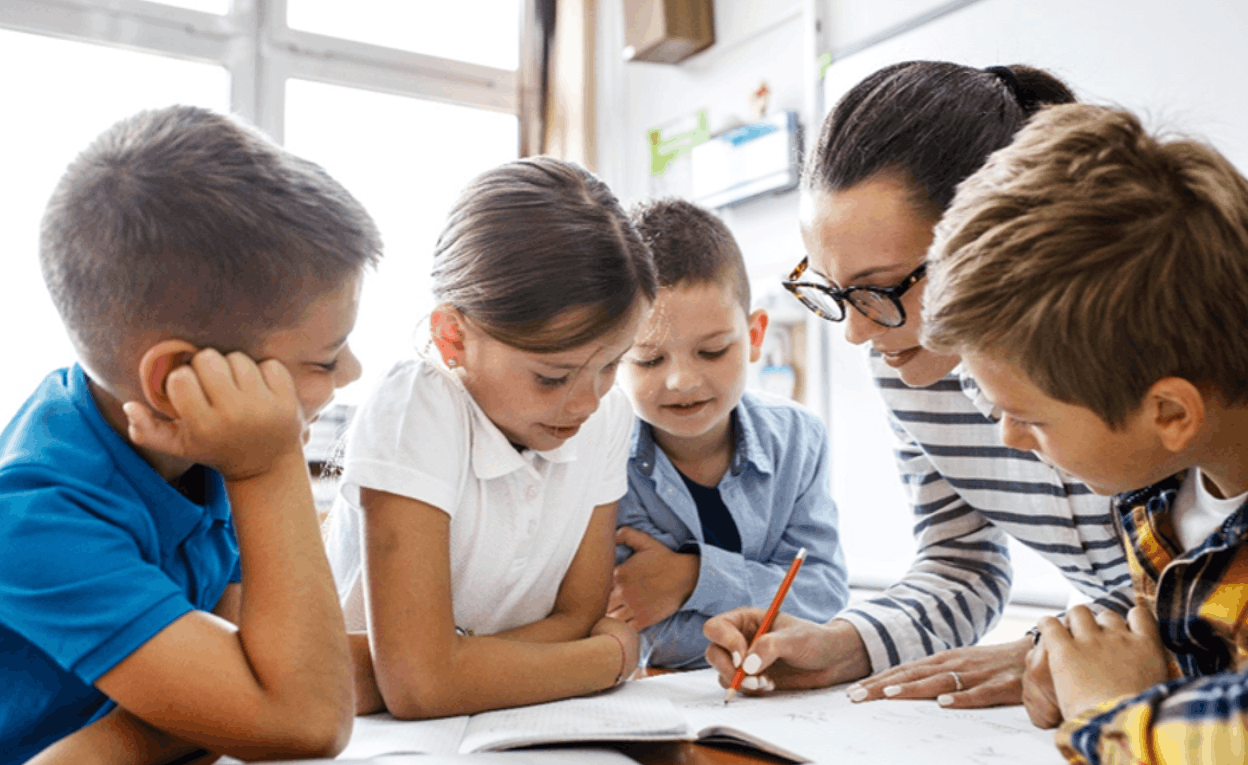 Teacher with kids. (Photo: Copyright (c) 2022 FamVeld/Shutterstock. No use without permission.)