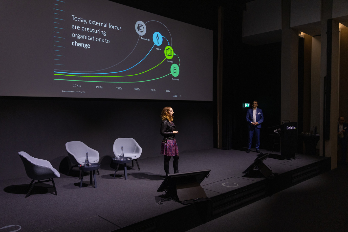Marie Cecile Legrand, manager, and Abderrahmane Saber, director, spoke about running businesses efficiently at Deloitte Luxembourg's Banking 360 conference on 24 January 2023. Romain Gamba/Maison Moderne