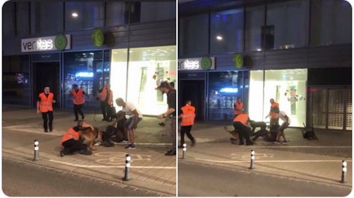 Screen shots from a video circulating on social media appear to show the security firm’s dog attacking a man Detail of Marc Goergen tweet