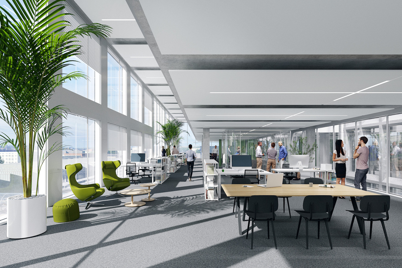 Les plateaux de bureaux profitent d’un grand apport de lumière naturelle, favorisé par l’intégration de mezzanines. (Illustration: Vize)