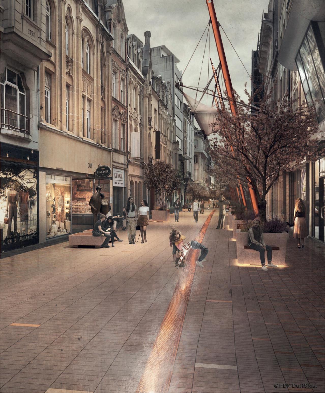 Au centre de la rue, une nouvelle rigole présente à la fois une valeur symbolique et une raison pratique. (Illustration: HDK Dutt & Kist)
