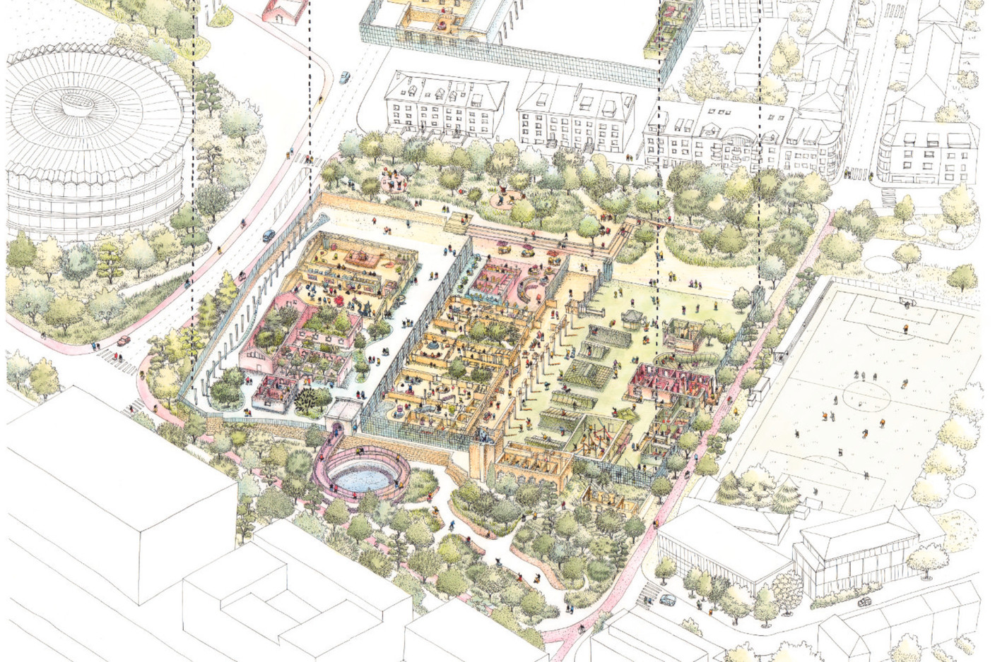 Le bâti existant est conservé et les espaces interstitiels peuvent être activés.  (Illustration: 2001 & Civic)