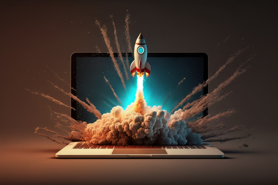 Launching Space Rocket From Laptop Screen. Generative AI. (Photo: Sfeir / Gen AI) 
