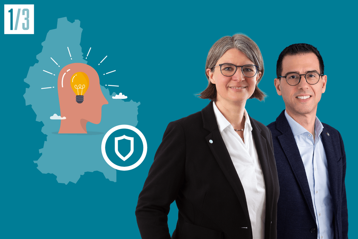 Marie-Christine Simon, Directrice du département marque & Philippe Ocvirk, Partner, mandataire en brevet européen d’Office Freylinger sensibilisent les entreprises sur l’importance de faire appel à des experts pour leur protection intellectuelle notamment avec l’arrivée du brevet unitaire européen.  Crédit photo : Office Freylinger & Illustration : Maison moderne